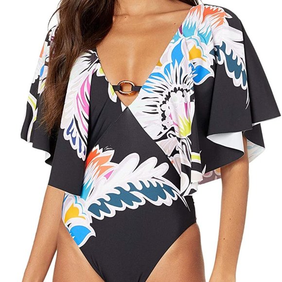 New Trina Turk Flutter Sleeve Plunge One Piece - Picture 7 of 7